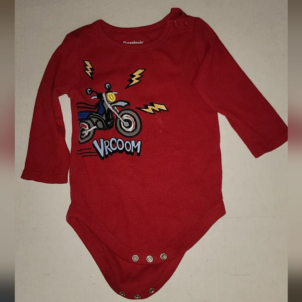 Garanimals red long sleeve onesie  vroom motorcycle textured lightning b…